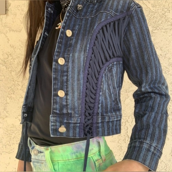 🆕️Y2k Crest Striped Lace Up Demin Cropped Jacket NWT Sz L - Picture 7 of 14